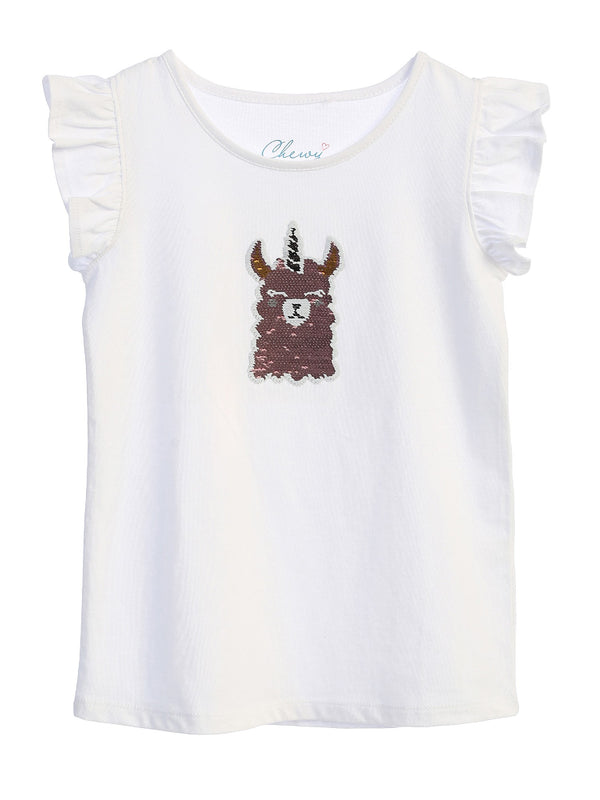 Kids Dream Little Girls White Butterfly Sleeve Flip Sequin Llama Corn Shirt 2T-6 - SophiasStyle.com